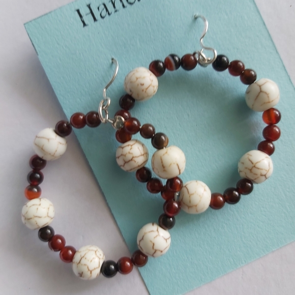 White Howlite and Carnelian Earrings - Picture 2 of 2